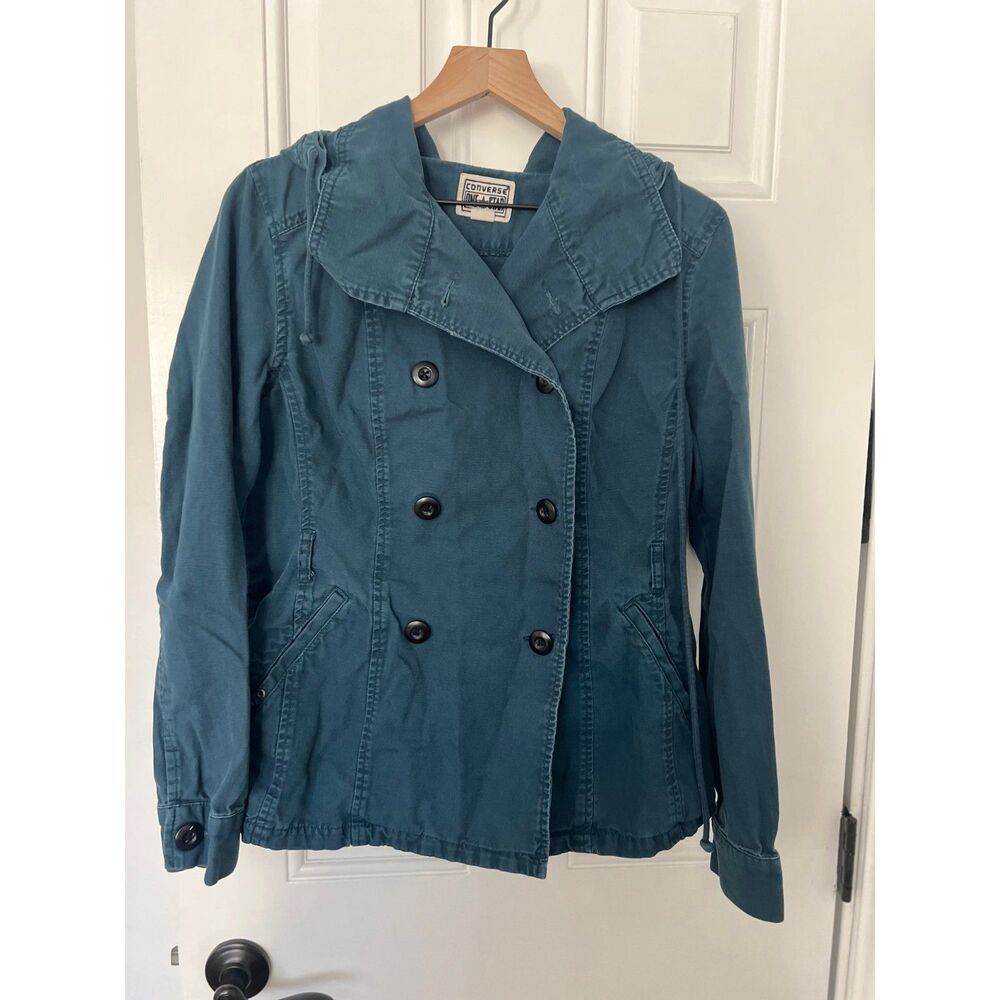 Converse One Star Teal Blue Double Breasted Hooded Jacket - Women's Large (L)
